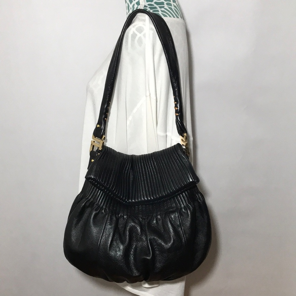 Sylvie Celine Black Color Leather Pleated Detail Hobo Shoulder Purse Bag